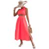 imageLYANER Womens 2 Piece Outfits Sleeveless Tank Crop Top and Wrap Split Slit Ruched Bodycon Midi SkirtCoral Red
