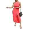 imageLYANER Womens 2 Piece Outfits Sleeveless Tank Crop Top and Wrap Split Slit Ruched Bodycon Midi SkirtCoral Red