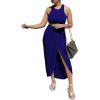 imageLYANER Womens 2 Piece Outfits Sleeveless Tank Crop Top and Wrap Split Slit Ruched Bodycon Midi SkirtDark Blue
