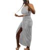 imageLYANER Womens 2 Piece Outfits Sleeveless Tank Crop Top and Wrap Split Slit Ruched Bodycon Midi SkirtGray