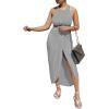 imageLYANER Womens 2 Piece Outfits Sleeveless Tank Crop Top and Wrap Split Slit Ruched Bodycon Midi SkirtGray