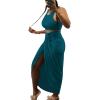 imageLYANER Womens 2 Piece Outfits Sleeveless Tank Crop Top and Wrap Split Slit Ruched Bodycon Midi SkirtLake Blue