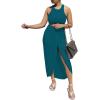 imageLYANER Womens 2 Piece Outfits Sleeveless Tank Crop Top and Wrap Split Slit Ruched Bodycon Midi SkirtLake Blue