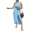 imageLYANER Womens 2 Piece Outfits Sleeveless Tank Crop Top and Wrap Split Slit Ruched Bodycon Midi SkirtLight Blue