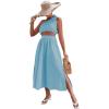 imageLYANER Womens 2 Piece Outfits Sleeveless Tank Crop Top and Wrap Split Slit Ruched Bodycon Midi SkirtLight Blue
