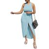 imageLYANER Womens 2 Piece Outfits Sleeveless Tank Crop Top and Wrap Split Slit Ruched Bodycon Midi SkirtLight Blue