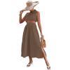 imageLYANER Womens 2 Piece Outfits Sleeveless Tank Crop Top and Wrap Split Slit Ruched Bodycon Midi SkirtLight Brown