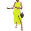 imageLYANER Womens 2 Piece Outfits Sleeveless Tank Crop Top and Wrap Split Slit Ruched Bodycon Midi SkirtNeon Yellow
