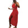 imageLYANER Womens 2 Piece Outfits Sleeveless Tank Crop Top and Wrap Split Slit Ruched Bodycon Midi SkirtRed