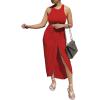 imageLYANER Womens 2 Piece Outfits Sleeveless Tank Crop Top and Wrap Split Slit Ruched Bodycon Midi SkirtRed