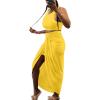 imageLYANER Womens 2 Piece Outfits Sleeveless Tank Crop Top and Wrap Split Slit Ruched Bodycon Midi SkirtSoild Yellow