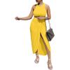 imageLYANER Womens 2 Piece Outfits Sleeveless Tank Crop Top and Wrap Split Slit Ruched Bodycon Midi SkirtSoild Yellow