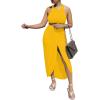 imageLYANER Womens 2 Piece Outfits Sleeveless Tank Crop Top and Wrap Split Slit Ruched Bodycon Midi SkirtSoild Yellow