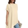 imageLYANER Womens Casual Mock Neck Short Sleeve Irregular Hem Loose Blouse Long Shirt TopBeige