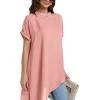 imageLYANER Womens Casual Mock Neck Short Sleeve Irregular Hem Loose Blouse Long Shirt TopPink