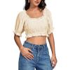 imageLYANER Womens Off Shoulder Ruffle Trim Ruched Short Sleeve Blouse Crop TopBeige