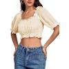 imageLYANER Womens Off Shoulder Ruffle Trim Ruched Short Sleeve Blouse Crop TopBeige