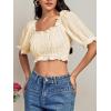 imageLYANER Womens Off Shoulder Ruffle Trim Ruched Short Sleeve Blouse Crop TopBeige