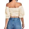 imageLYANER Womens Off Shoulder Ruffle Trim Ruched Short Sleeve Blouse Crop TopBeige
