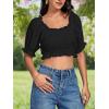 imageLYANER Womens Off Shoulder Ruffle Trim Ruched Short Sleeve Blouse Crop TopBlack