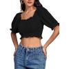 imageLYANER Womens Off Shoulder Ruffle Trim Ruched Short Sleeve Blouse Crop TopBlack