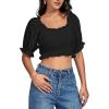 imageLYANER Womens Off Shoulder Ruffle Trim Ruched Short Sleeve Blouse Crop TopBlack