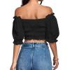 imageLYANER Womens Off Shoulder Ruffle Trim Ruched Short Sleeve Blouse Crop TopBlack