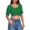 imageLYANER Womens Off Shoulder Ruffle Trim Ruched Short Sleeve Blouse Crop TopGreen