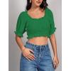 imageLYANER Womens Off Shoulder Ruffle Trim Ruched Short Sleeve Blouse Crop TopGreen