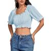 imageLYANER Womens Off Shoulder Ruffle Trim Ruched Short Sleeve Blouse Crop TopLight Blue
