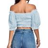 imageLYANER Womens Off Shoulder Ruffle Trim Ruched Short Sleeve Blouse Crop TopLight Blue