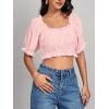 imageLYANER Womens Off Shoulder Ruffle Trim Ruched Short Sleeve Blouse Crop TopLight Pink