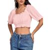 imageLYANER Womens Off Shoulder Ruffle Trim Ruched Short Sleeve Blouse Crop TopLight Pink