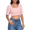 imageLYANER Womens Off Shoulder Ruffle Trim Ruched Short Sleeve Blouse Crop TopLight Pink