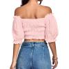 imageLYANER Womens Off Shoulder Ruffle Trim Ruched Short Sleeve Blouse Crop TopLight Pink