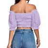 imageLYANER Womens Off Shoulder Ruffle Trim Ruched Short Sleeve Blouse Crop TopLight Purple
