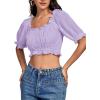 imageLYANER Womens Off Shoulder Ruffle Trim Ruched Short Sleeve Blouse Crop TopLight Purple