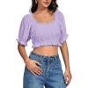 imageLYANER Womens Off Shoulder Ruffle Trim Ruched Short Sleeve Blouse Crop TopLight Purple