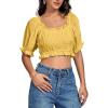 imageLYANER Womens Off Shoulder Ruffle Trim Ruched Short Sleeve Blouse Crop TopLight Yellow