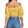 imageLYANER Womens Off Shoulder Ruffle Trim Ruched Short Sleeve Blouse Crop TopLight Yellow
