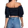 imageLYANER Womens Off Shoulder Ruffle Trim Ruched Short Sleeve Blouse Crop TopNavy Blue