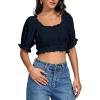 imageLYANER Womens Off Shoulder Ruffle Trim Ruched Short Sleeve Blouse Crop TopNavy Blue