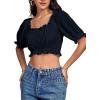 imageLYANER Womens Off Shoulder Ruffle Trim Ruched Short Sleeve Blouse Crop TopNavy Blue