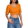 imageLYANER Womens Off Shoulder Ruffle Trim Ruched Short Sleeve Blouse Crop TopOrange