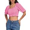 imageLYANER Womens Off Shoulder Ruffle Trim Ruched Short Sleeve Blouse Crop TopPink