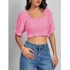 imageLYANER Womens Off Shoulder Ruffle Trim Ruched Short Sleeve Blouse Crop TopPink