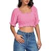 imageLYANER Womens Off Shoulder Ruffle Trim Ruched Short Sleeve Blouse Crop TopPink