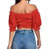 imageLYANER Womens Off Shoulder Ruffle Trim Ruched Short Sleeve Blouse Crop TopRed