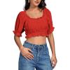 imageLYANER Womens Off Shoulder Ruffle Trim Ruched Short Sleeve Blouse Crop TopRed