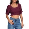 imageLYANER Womens Off Shoulder Ruffle Trim Ruched Short Sleeve Blouse Crop TopSolid Burgundy